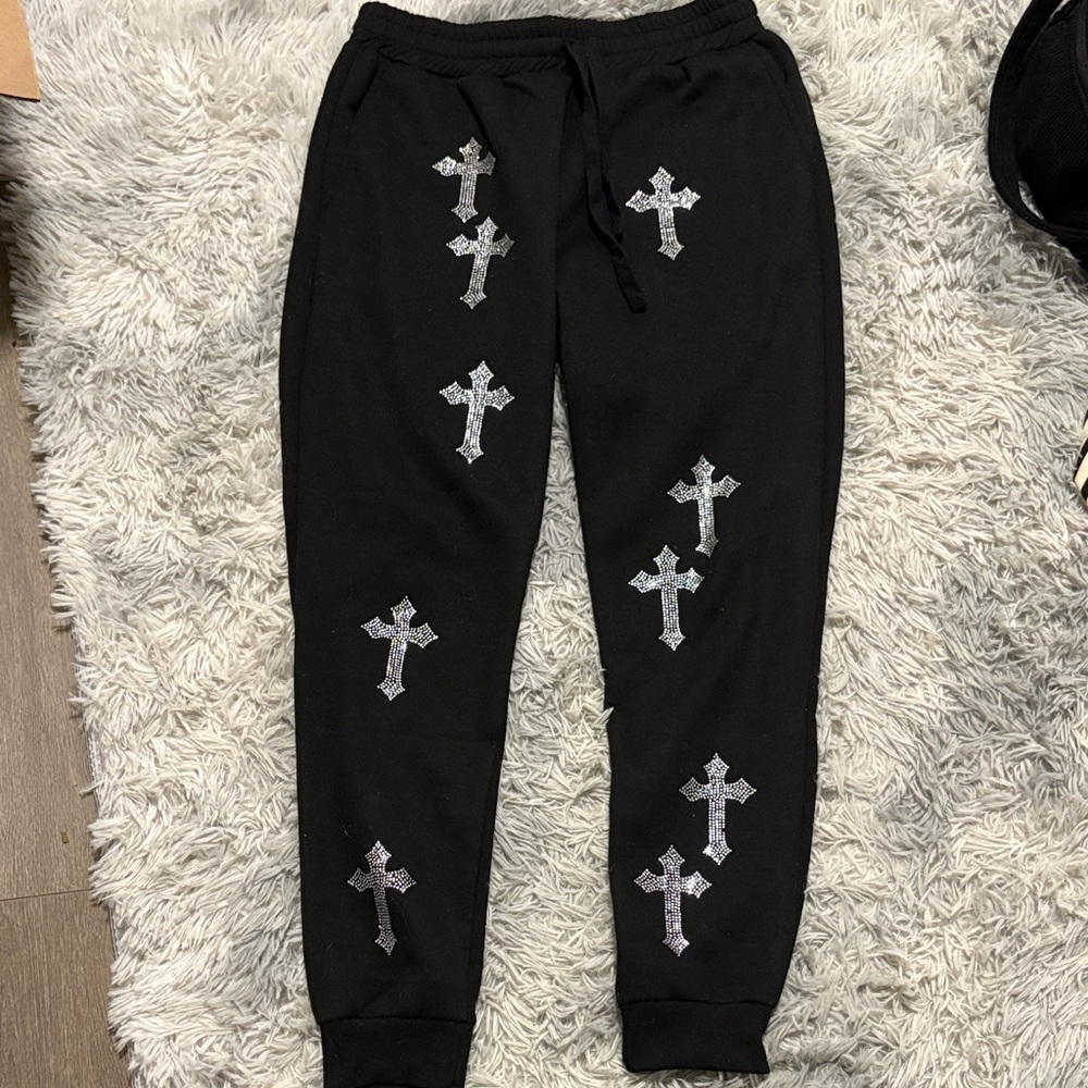 rebels Black Sweatpants with White Graphic Pocket
